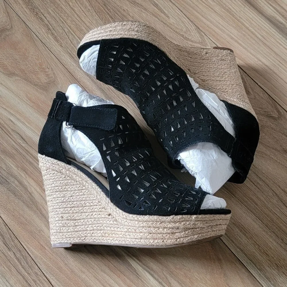 Marc Fisher Helina Platform Laser Cutout Suede Peep Toe Espadrille Wedge Black